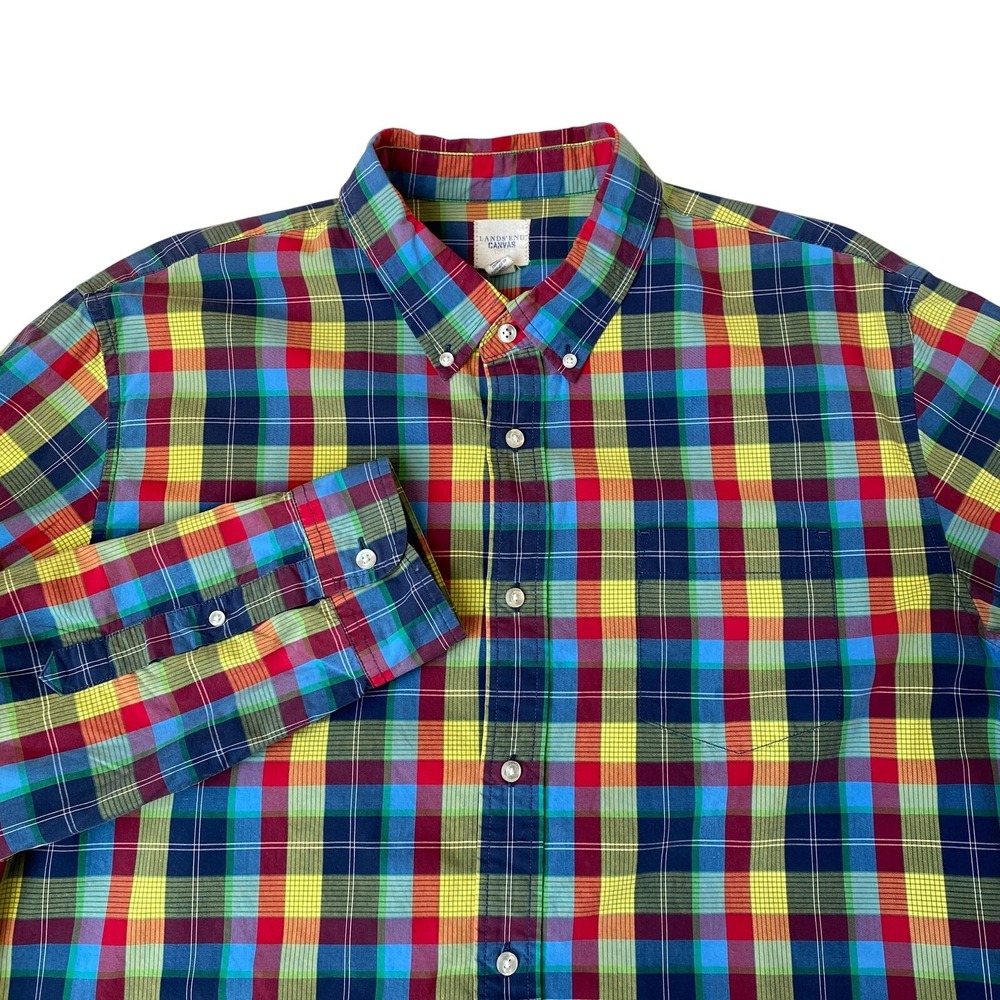 ands End Canvas Madras Plaid Shirt Mens XL Multicolor Button Down Preppy